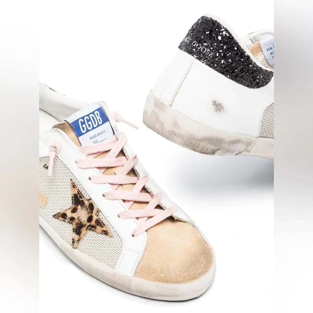 Golden Goose Super-Star Leopard Star & Black Glitter Sneaker Pink Laces Size 40
